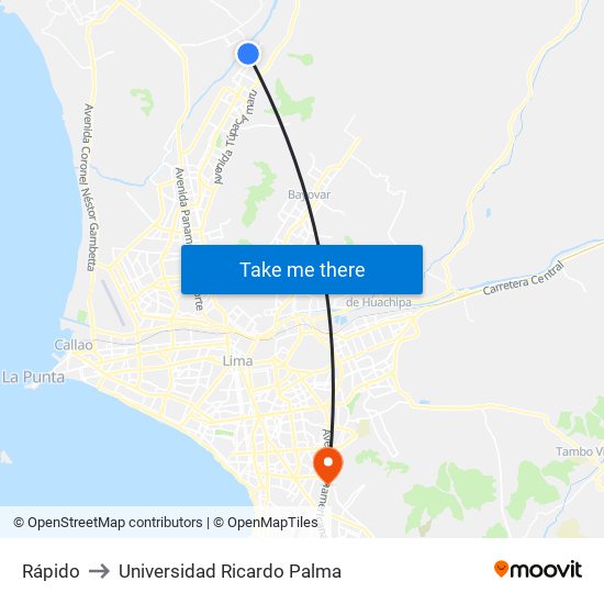 Rápido to Universidad Ricardo Palma map