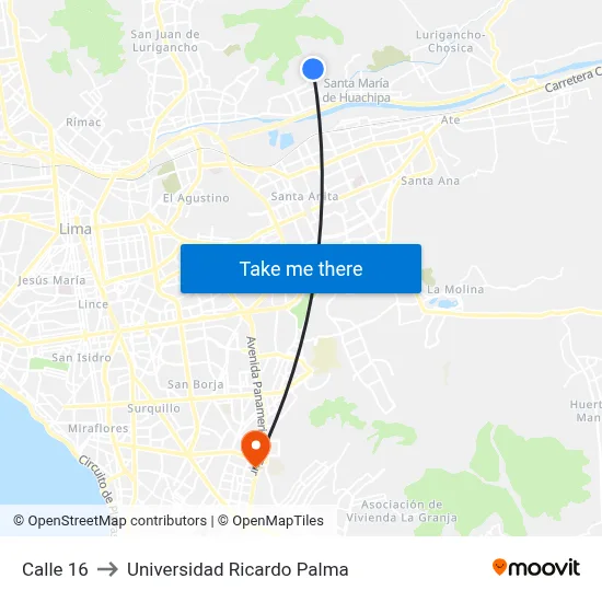 Calle 16 to Universidad Ricardo Palma map