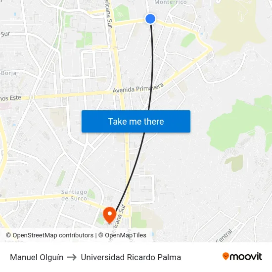 Manuel Olguín to Universidad Ricardo Palma map