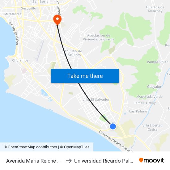 Avenida Maria Reiche 73 to Universidad Ricardo Palma map