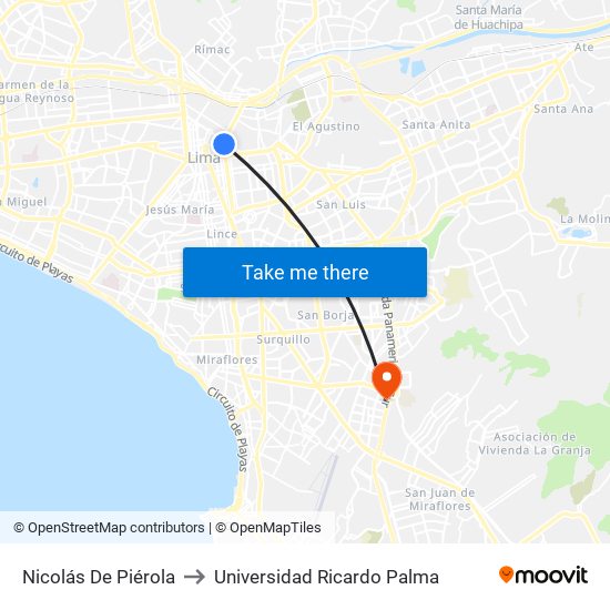 Nicolás De Piérola to Universidad Ricardo Palma map