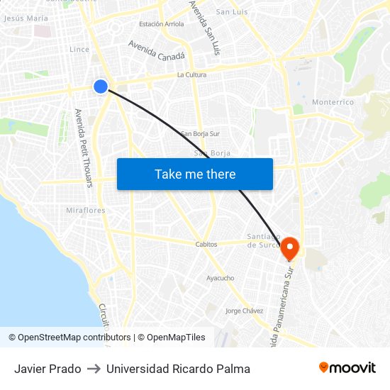 Javier Prado to Universidad Ricardo Palma map
