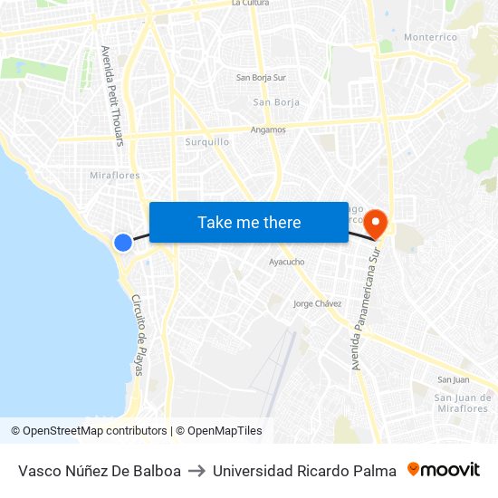 Vasco Núñez De Balboa to Universidad Ricardo Palma map