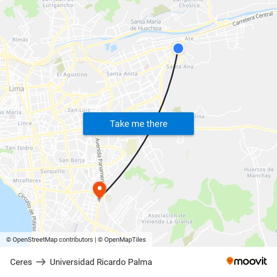 Ceres to Universidad Ricardo Palma map