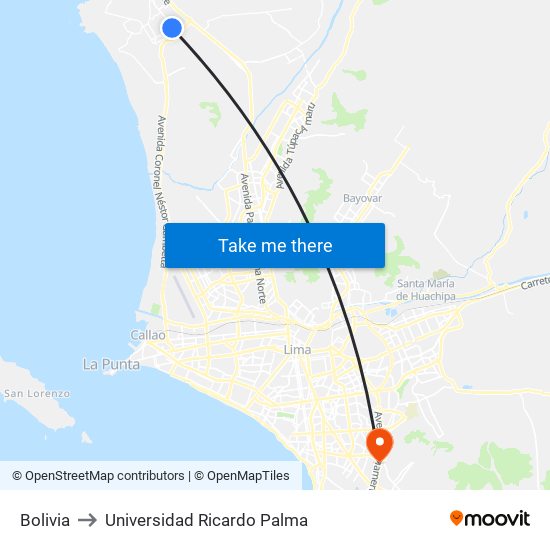 Bolivia to Universidad Ricardo Palma map