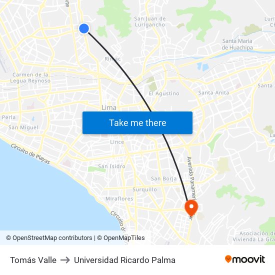 Tomás Valle to Universidad Ricardo Palma map