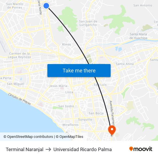 Terminal Naranjal to Universidad Ricardo Palma map