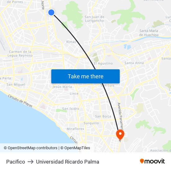 Pacífico to Universidad Ricardo Palma map