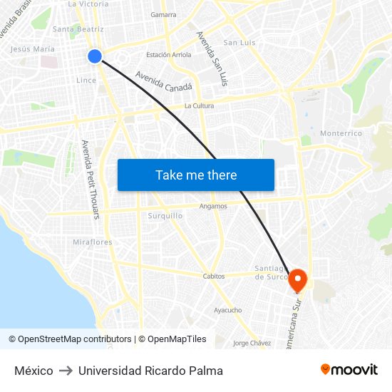 México to Universidad Ricardo Palma map