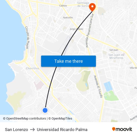 San Lorenzo to Universidad Ricardo Palma map