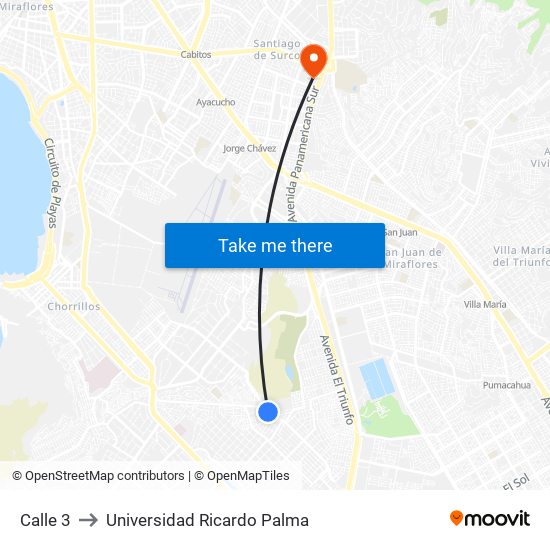 Calle 3 to Universidad Ricardo Palma map