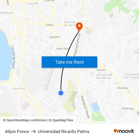 Alipio Ponce to Universidad Ricardo Palma map