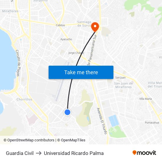 Guardia Civil to Universidad Ricardo Palma map