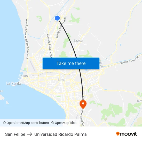 San Felipe to Universidad Ricardo Palma map