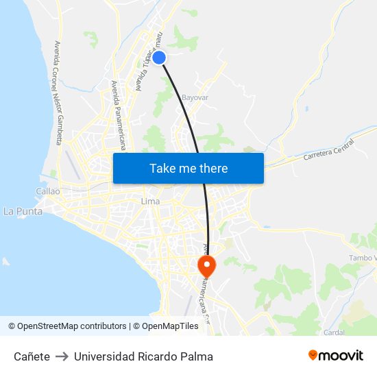 Cañete to Universidad Ricardo Palma map