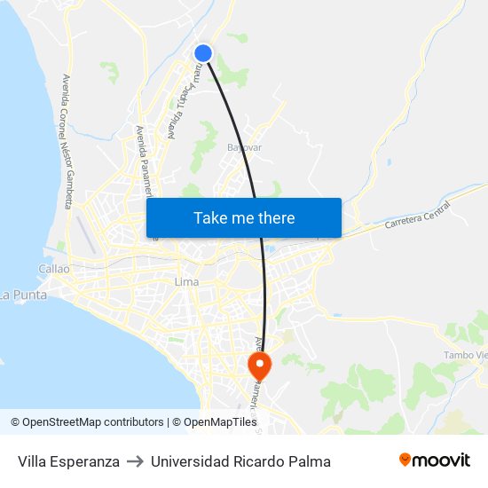 Villa Esperanza to Universidad Ricardo Palma map