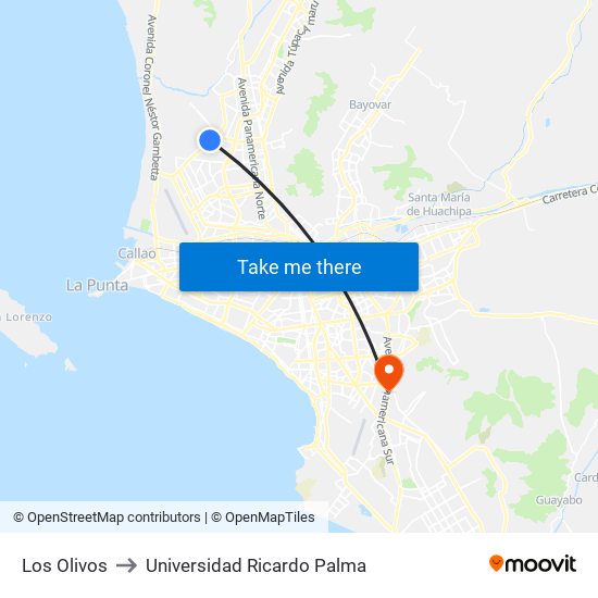 Los Olivos to Universidad Ricardo Palma map