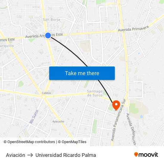 Aviación to Universidad Ricardo Palma map