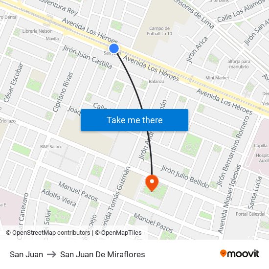 San Juan to San Juan De Miraflores map