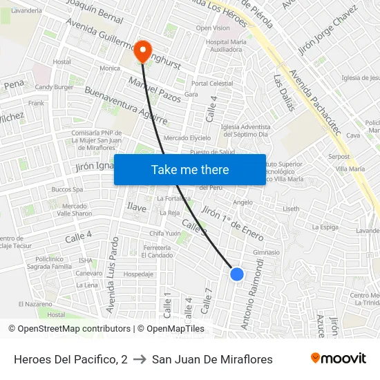 Heroes Del Pacifico, 2 to San Juan De Miraflores map