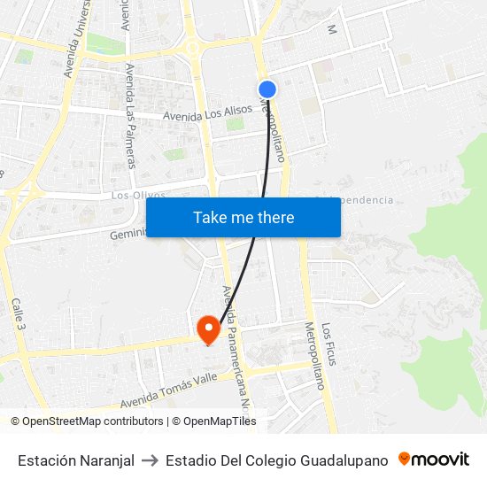 Estación Naranjal‎ to Estadio Del Colegio Guadalupano map