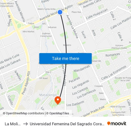 Ovalo Santa Anita to Universidad Femenina Del Sagrado Corazón map