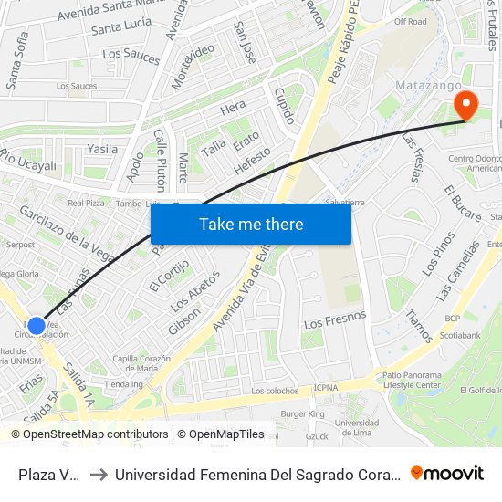 Plaza Vea to Universidad Femenina Del Sagrado Corazón map