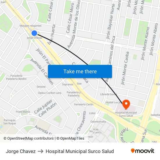 Jorge Chavez to Hospital Municipal Surco Salud map