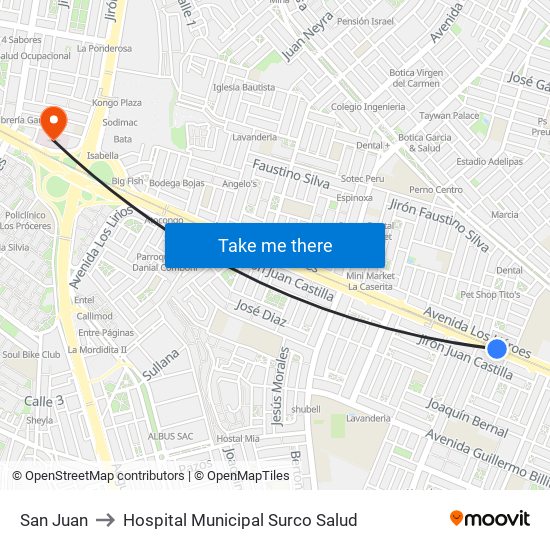 San Juan to Hospital Municipal Surco Salud map