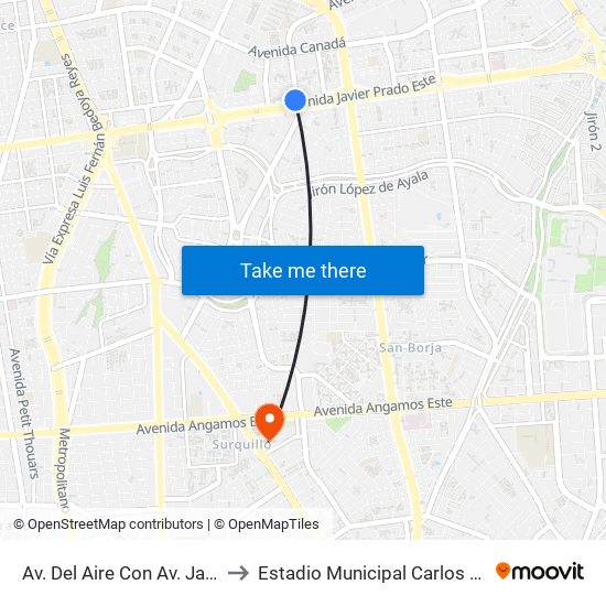 Av. Del Aire Con Av. Javier Prado to Estadio Municipal Carlos A. Moscoso map