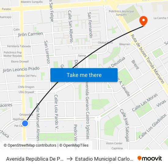 Avenida República De Panamá, 5734 to Estadio Municipal Carlos A. Moscoso map