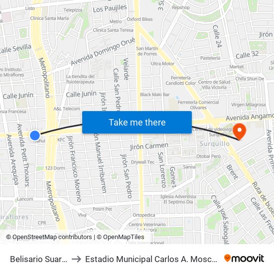Belisario Suarez to Estadio Municipal Carlos A. Moscoso map