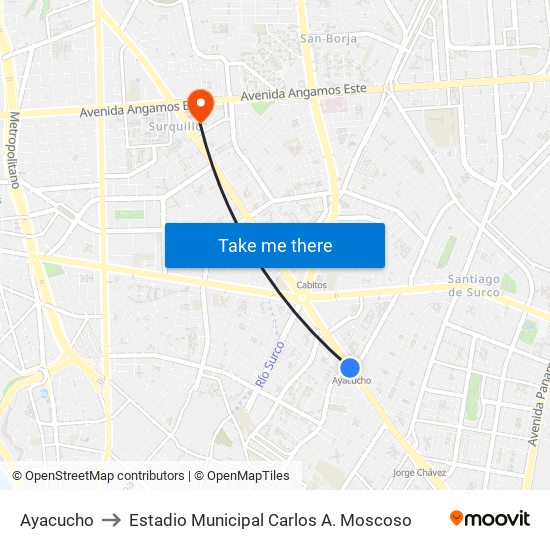 Ayacucho to Estadio Municipal Carlos A. Moscoso map