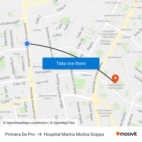 Primera De Pro to Hospital Marino Molina Scippa map