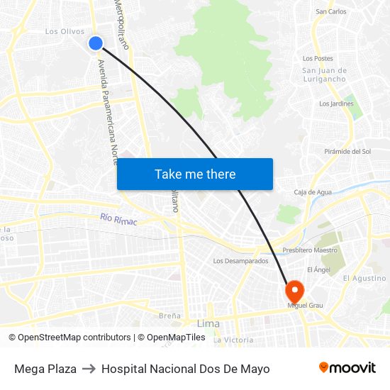 Mega Plaza to Hospital Nacional Dos De Mayo map
