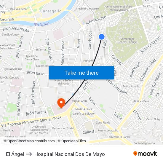 El Ángel to Hospital Nacional Dos De Mayo map