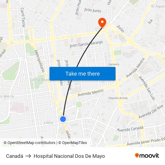 Canadá to Hospital Nacional Dos De Mayo map