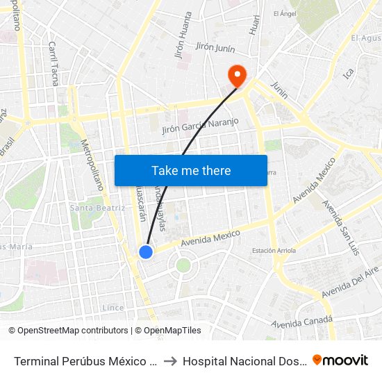 Terminal Perúbus México (Llegadas) to Hospital Nacional Dos De Mayo map