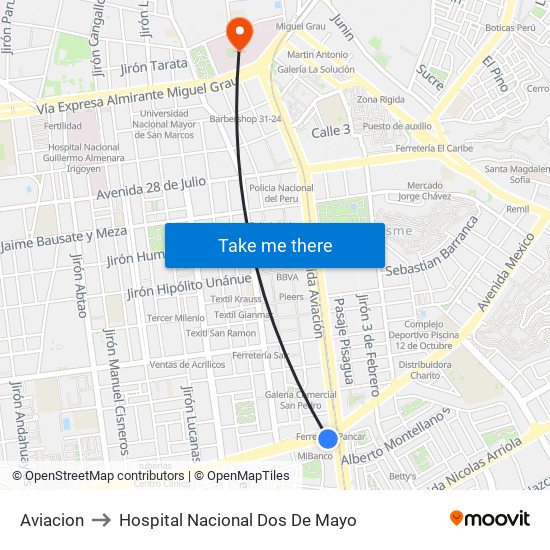 Aviacion to Hospital Nacional Dos De Mayo map