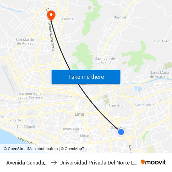 Avenida Canadá, 3921 to Universidad Privada Del Norte Lima Norte map
