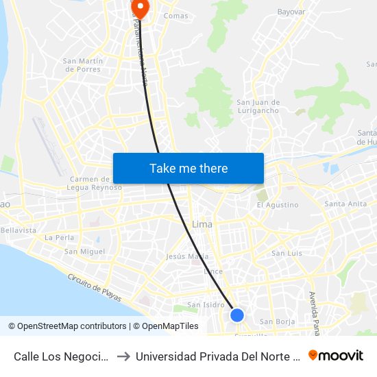Calle Los Negocios, 499 to Universidad Privada Del Norte Lima Norte map