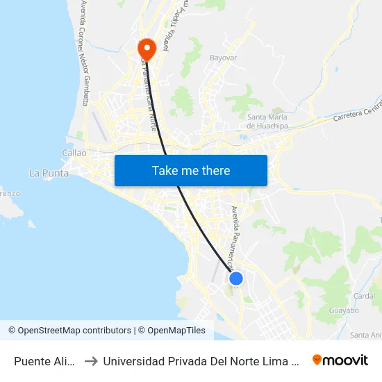 Puente Alipio to Universidad Privada Del Norte Lima Norte map