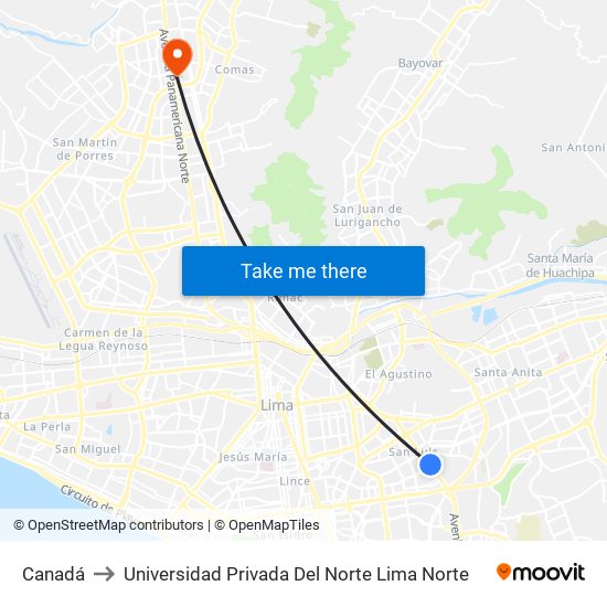 Canadá to Universidad Privada Del Norte Lima Norte map
