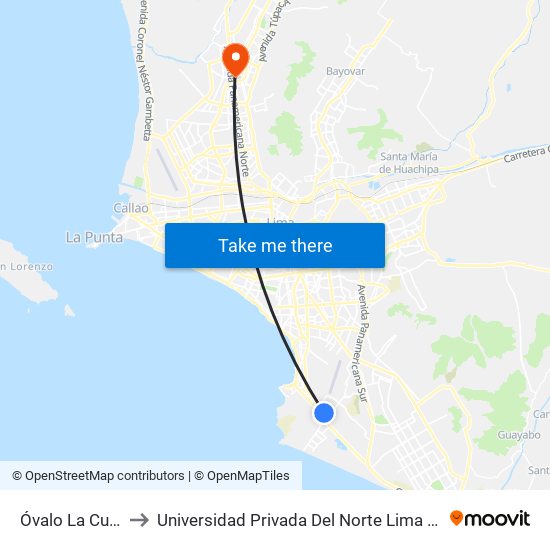 Óvalo La Curva to Universidad Privada Del Norte Lima Norte map