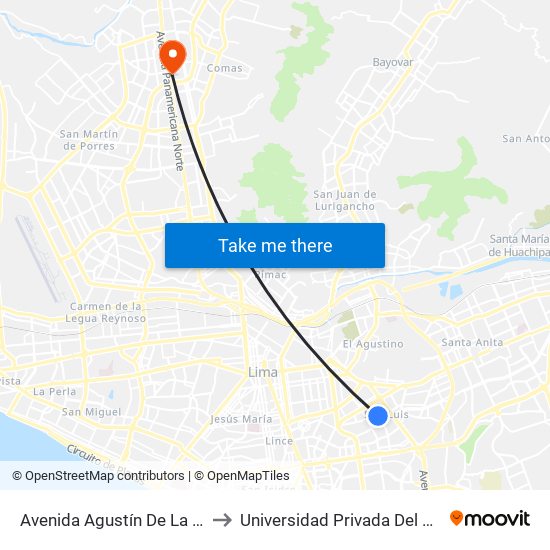 Avenida Agustín De La Rosa Toro, 424 to Universidad Privada Del Norte Lima Norte map