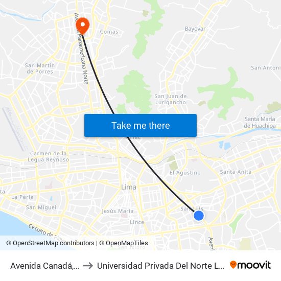 Avenida Canadá, 4094 to Universidad Privada Del Norte Lima Norte map