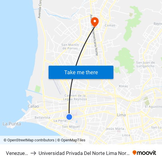 Venezuela to Universidad Privada Del Norte Lima Norte map