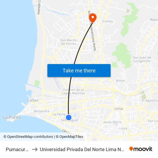 Pumacurco to Universidad Privada Del Norte Lima Norte map