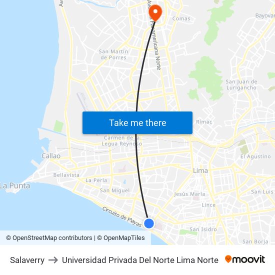 Salaverry to Universidad Privada Del Norte Lima Norte map