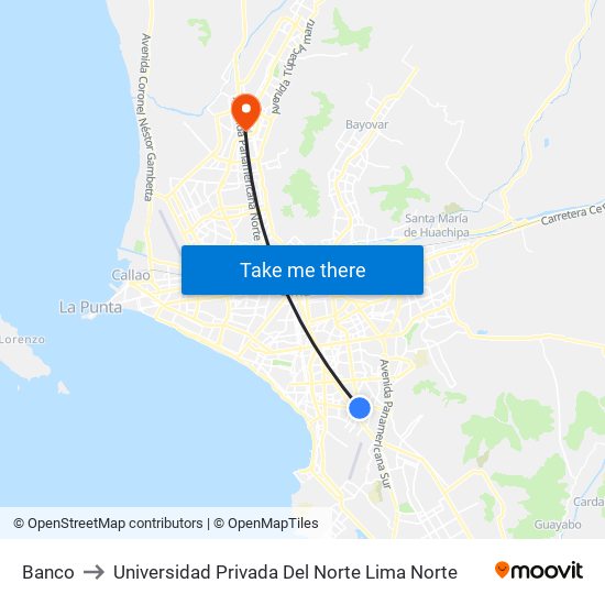 Banco to Universidad Privada Del Norte Lima Norte map